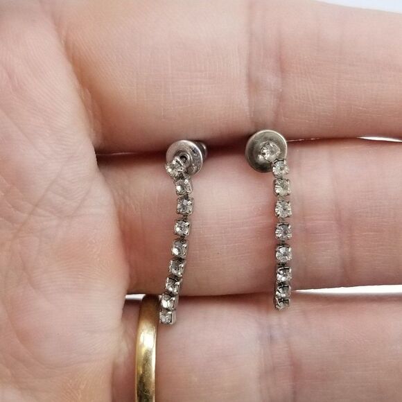 Vintage Skinny Rhinestone Line Dangle Stud Earrings, Small Sparkle, Estate - Picture 1 of 4